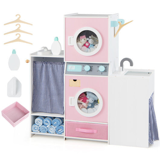 Wooden Kids Laundry Playset with Laundry Detergent Bottle and Clothes Hangers-Pink - Color: Pink