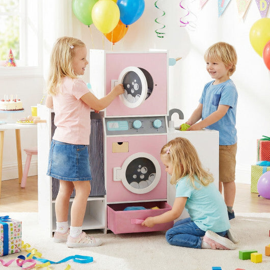 Wooden Kids Laundry Playset with Laundry Detergent Bottle and Clothes Hangers-Pink - Color: Pink