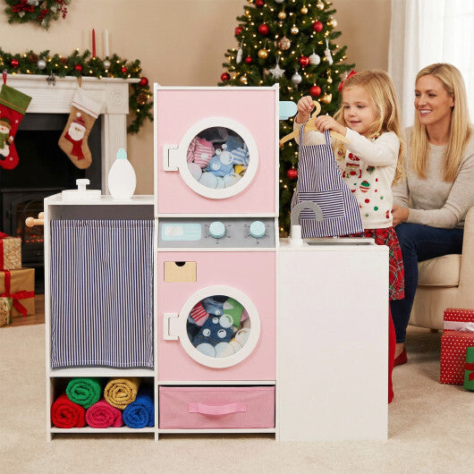Wooden Kids Laundry Playset with Laundry Detergent Bottle and Clothes Hangers-Pink - Color: Pink