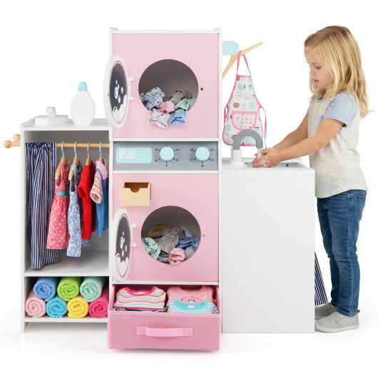 Wooden Kids Laundry Playset with Laundry Detergent Bottle and Clothes Hangers-Pink - Color: Pink