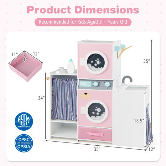 Wooden Kids Laundry Playset with Laundry Detergent Bottle and Clothes Hangers-Pink - Color: Pink