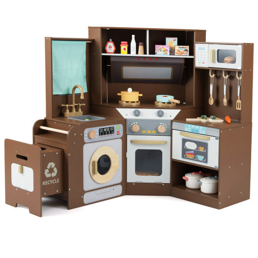 Corner Kitchen Toys with Lights and Sounds with Pull-out Trash Can and Stoves-Coffee - Color: Coffee