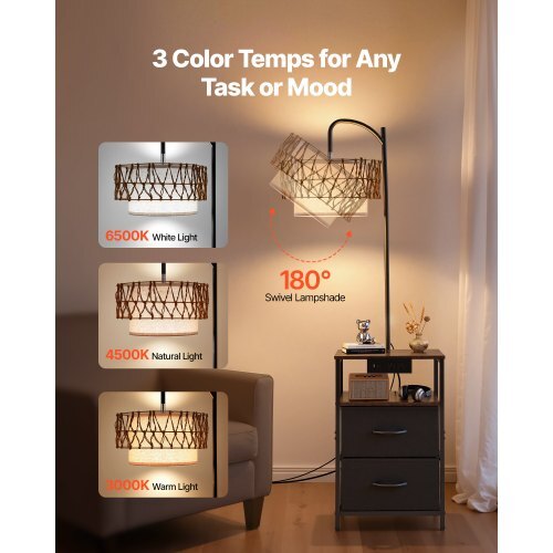 Floor Lamp with Table, 2-Tier End Table with 2 Drawers and 3 Color Temperature LED Bulb, Modern Side Nightstand Bedside Desk with USB & Type C & AC Charging Port for Living Room, Bedroom, Dorm
