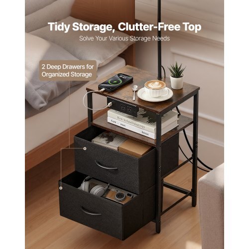Floor Lamp with Table, 2-Tier End Table with 2 Drawers and 3 Color Temperature LED Bulb, Modern Side Nightstand Bedside Desk with USB & Type C & AC Charging Port for Living Room, Bedroom, Dorm