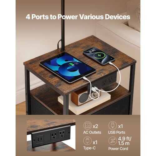 Floor Lamp with Table, 2-Tier End Table with 2 Drawers and 3 Color Temperature LED Bulb, Modern Side Nightstand Bedside Desk with USB & Type C & AC Charging Port for Living Room, Bedroom, Dorm