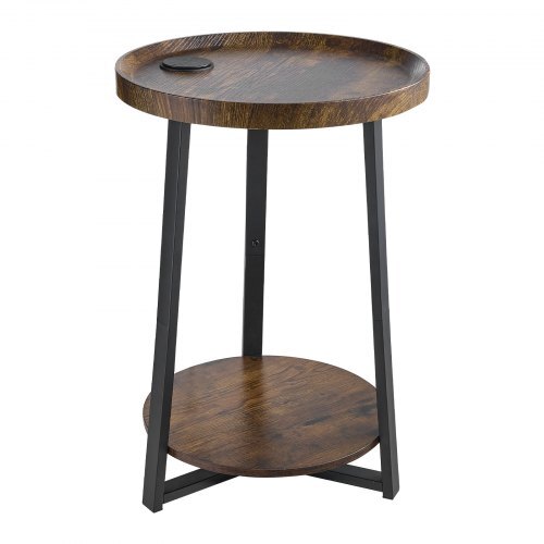 End Table, 2-Tier Round Side Table with Open Storage Shelves, Modern Nightstand Bedside Desk with USB & AC Charging Port, Wood Sofa Coffee Desk for Living Room, Bedroom, Office, Dorm, Brown