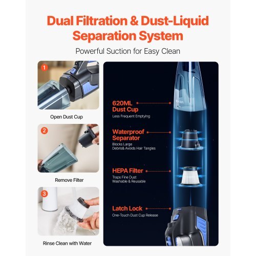 Handheld Vacuum, Portable Vacuum Cleaner Cordless with HEPA Filter and Brushes, Lightweight Hand Held Cleaner with Powerful Suction, for Car, Home, Office, Pet Hair