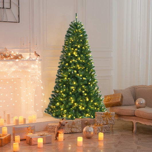 Costway 7ft Pre-lit Hinged Christmas Tree w/ Remote Control & 9 Lighting Modes - Color: Green - Size: 7 ft