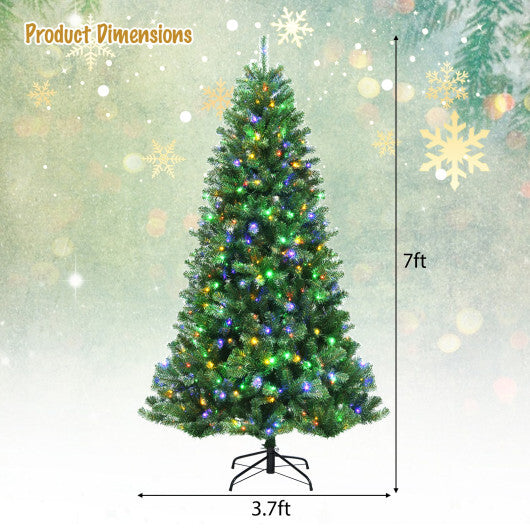 Costway 7ft Pre-lit Hinged Christmas Tree w/ Remote Control & 9 Lighting Modes - Color: Green - Size: 7 ft