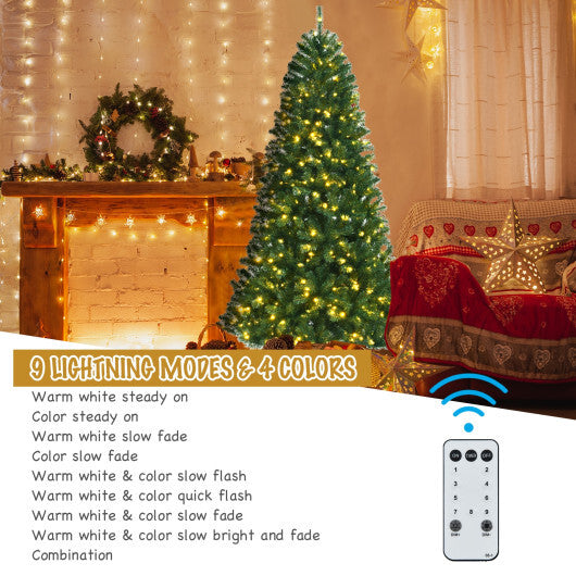 Costway 7ft Pre-lit Hinged Christmas Tree w/ Remote Control & 9 Lighting Modes - Color: Green - Size: 7 ft