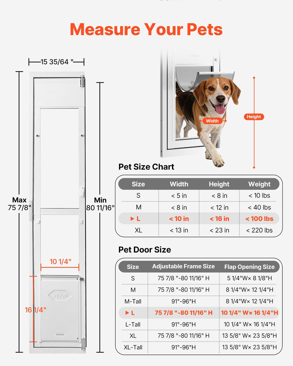 Dog Door for Sliding Glass Door, 75 7/8" to 80 11/16" Adjustable Height, Aluminum Alloy Frame with Flap, Lock Design, for Large-Sized Dogs, 180? Swing-Open Sliding Glass Pet Doors