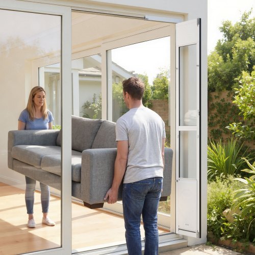 Dog Door for Sliding Glass Door, 75 7/8" to 80 11/16" Adjustable Height, Aluminum Alloy Frame with Flap, Lock Design, for Large-Sized Dogs, 180? Swing-Open Sliding Glass Pet Doors