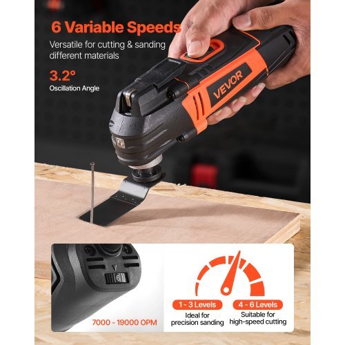 Multitool Oscillating Tool, 4Amps Electric Oscillating Multi Tool Corded with 6 Variable Speeds 7000 - 19000 OPM, 3.2? Oscillating Angle, 13PCS Saw Accessories, LED Work Light & Tool Bag