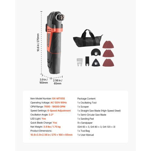 Multitool Oscillating Tool, 4Amps Electric Oscillating Multi Tool Corded with 6 Variable Speeds 7000 - 19000 OPM, 3.2? Oscillating Angle, 13PCS Saw Accessories, LED Work Light & Tool Bag
