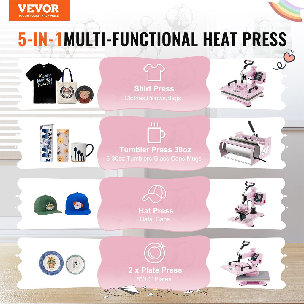 Heat Press Machine, 12 x 15 inch, 5 in 1 Heat Transfer Machine with 30 oz Tumbler Press, 360? Swing Away T-Shirt Pressing, Digital Precise Control, for T-Shirts/Mugs/Hats/Plates, Pink
