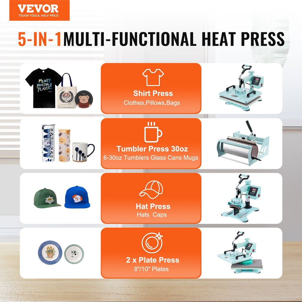 Heat Press Machine, 12 x 15 inch, 5 in 1 Heat Transfer Machine with 30 oz Tumbler Press, 360? Swing Away T-Shirt Pressing, Digital Precise Control, for T-Shirts/Mugs/Hats/Plates, Green