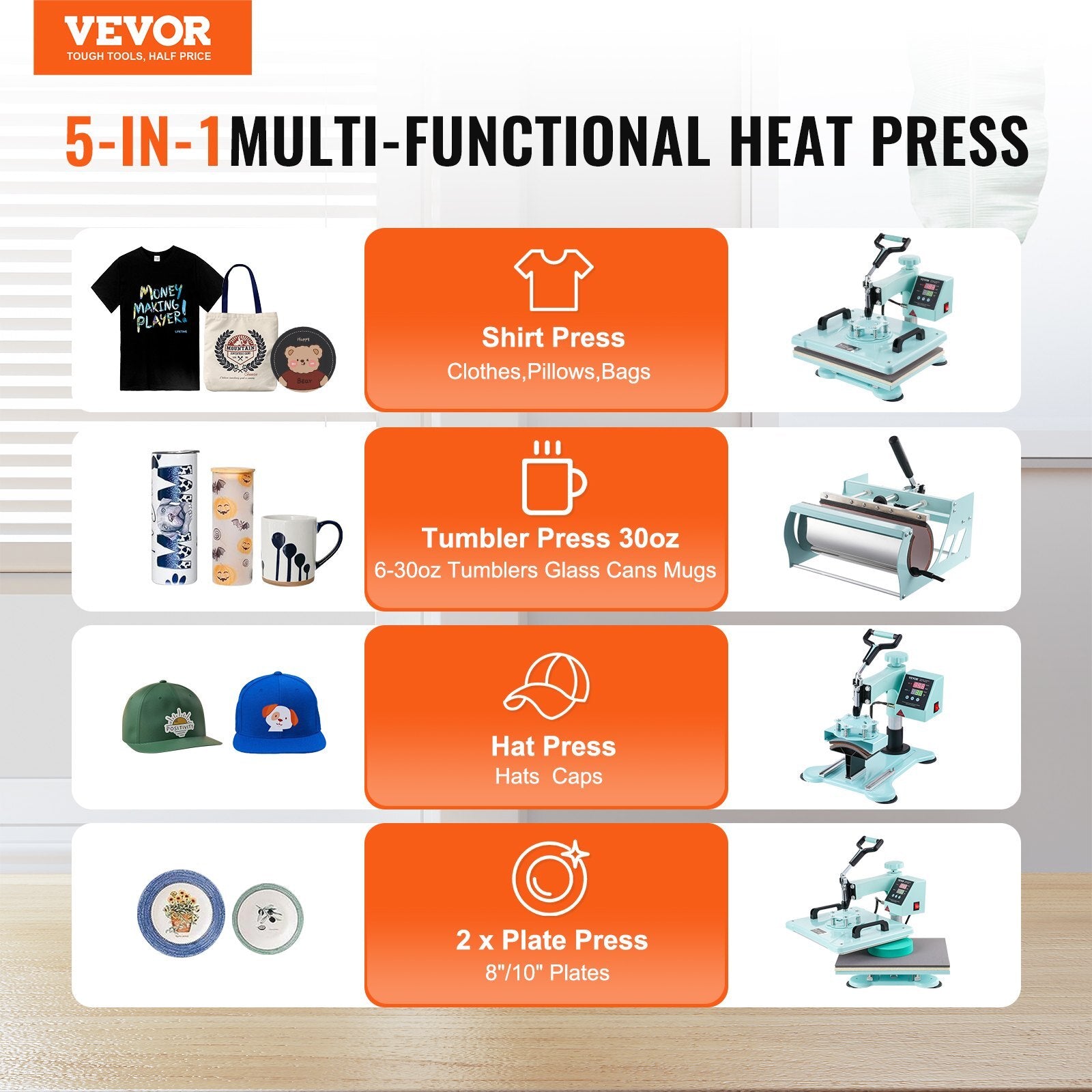 Heat Press Machine, 12 x 15 inch, 5 in 1 Heat Transfer Machine with 30 oz Tumbler Press, 360? Swing Away T-Shirt Pressing, Digital Precise Control, for T-Shirts/Mugs/Hats/Plates, Green
