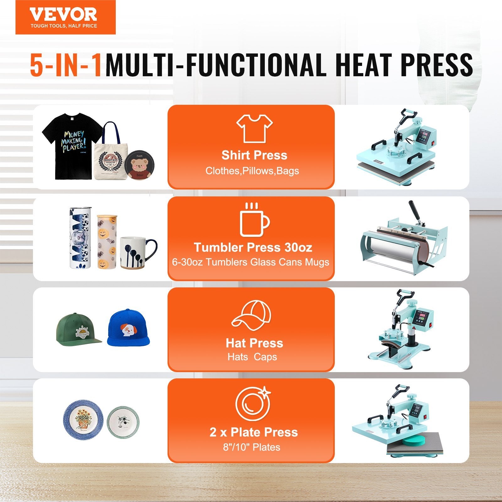 Heat Press Machine, 15 x 15 inch, 5 in 1 Heat Transfer Machine with 30 oz Tumbler Press, 360? Swing Away T-Shirt Pressing, Digital Precise Control, for T-Shirts/Mugs/Hats/Plates, Green