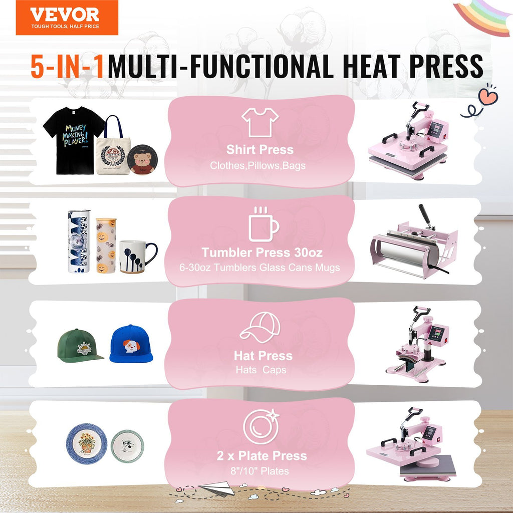 Heat Press Machine, 15 x 15 inch, 5 in 1 Heat Transfer Machine with 30 oz Tumbler Press, 360? Swing Away T-Shirt Pressing, Digital Precise Control, for T-Shirts/Mugs/Hats/Plates, Pink