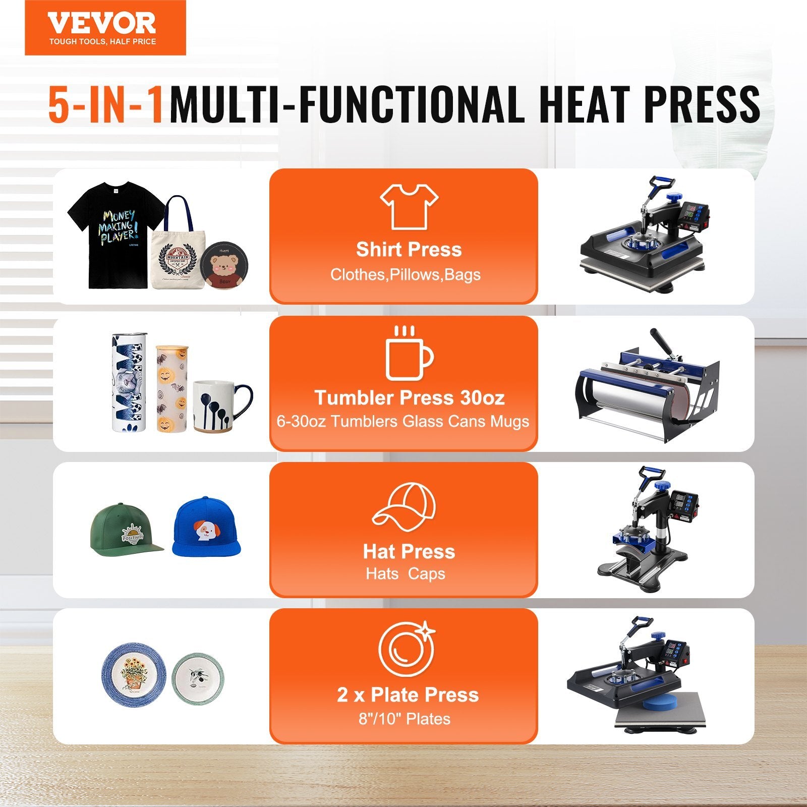 Heat Press Machine, 15 x 15 inch, 5 in 1 Heat Transfer Machine with 30 oz Tumbler Press, 360? Swing Away Digital T-Shirt Pressing, Teflon Coating, for T-Shirts/Mugs/Hats/Plates, Black+Blue