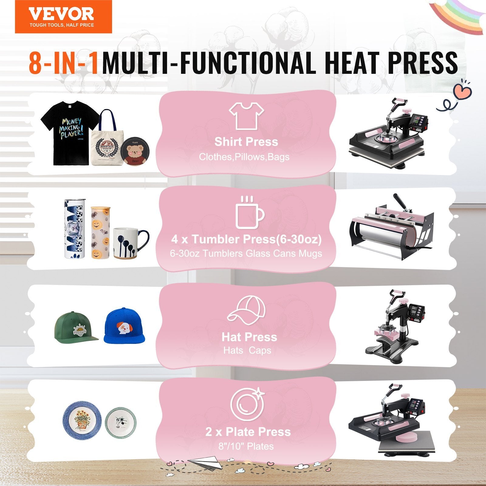Heat Press Machine, 15 x 15 inch, 8 in 1 Heat Transfer Machine with 30 oz Tumbler Press, 360? Swing Away Digital T-Shirt Pressing Machine, Teflon Coating, for T-Shirts/Mugs/Hats/Plates, Black