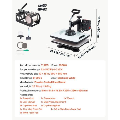 Heat Press Machine 12 x 15 in 5-in-1 Combo Sublimation Press Machine, Heat Up Fast and Even, Digital Precise Time and Temp Control, Multi-Function, for T-Shirts, Mugs, Tumblers, Caps, Plates