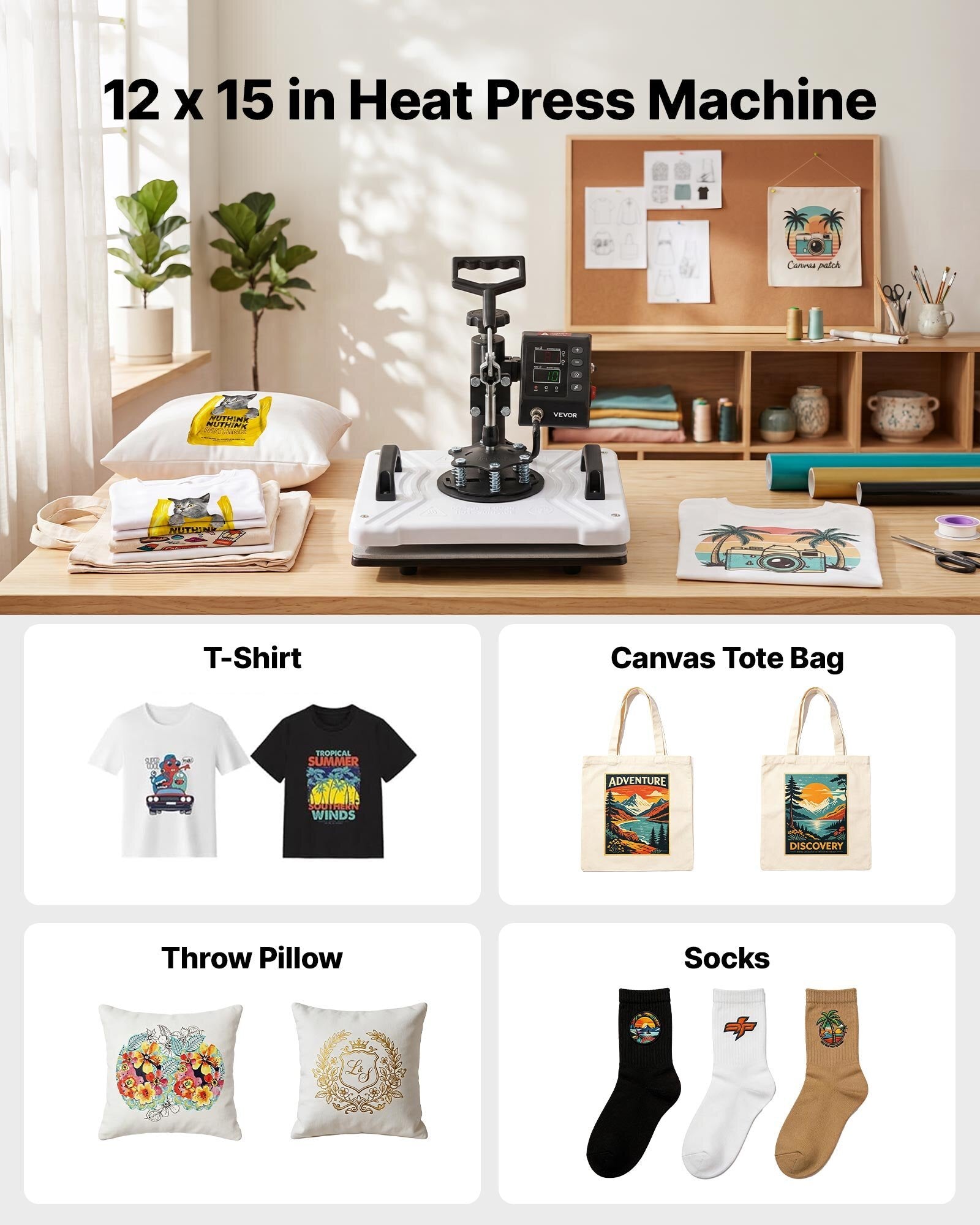 Heat Press Machine 12 x 15 in Sublimation Press Machine Swing Away, Heat Up Fast and Even, Digital Precise Time and Temperature Control, for T-Shirts, Canvas Tote Bags, Pillowcases, Socks