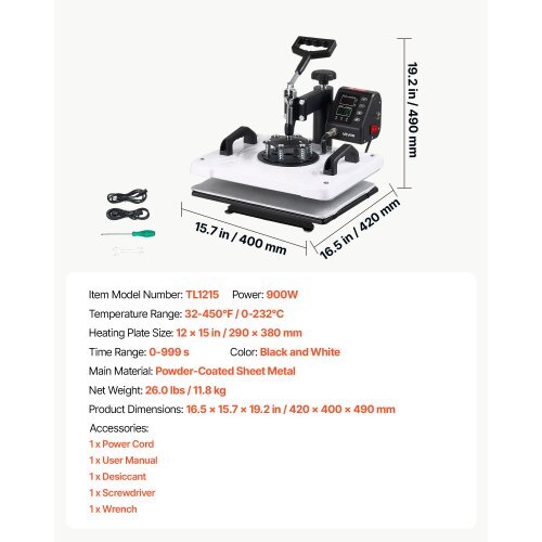 Heat Press Machine 12 x 15 in Sublimation Press Machine Swing Away, Heat Up Fast and Even, Digital Precise Time and Temperature Control, for T-Shirts, Canvas Tote Bags, Pillowcases, Socks