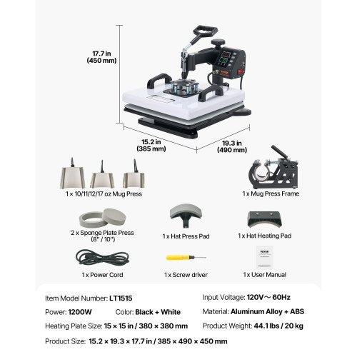 Heat Press Machine, 15 x 15 in, 8-in-1 Multifunction, 360? Swing Away, Heat Up Fast and Even, Digital Precise Control, Sublimation Press Machine for T-Shirts, Mugs, Tumblers, Caps, Plates