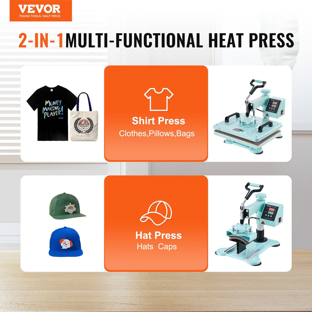 Heat Press Machine, 12 x 15 inch, 2 in 1 Heat Transfer Machine with Hat Press, 360? Swing Away T-Shirt Pressing Machine, Digital Precise Control, Fast Even Heating for T-Shirts/Hats/Caps, Green