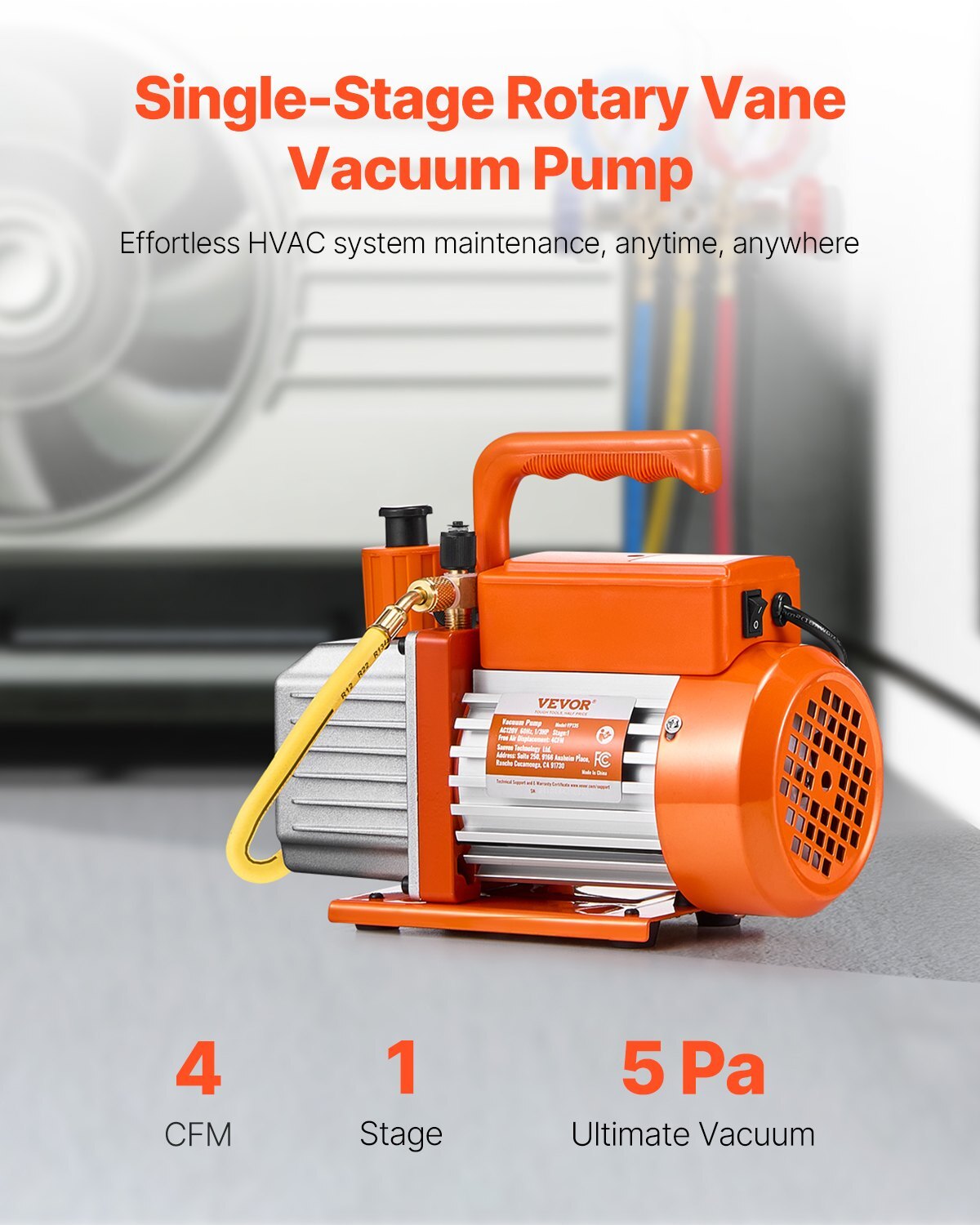 Vacuum Pump, 4 CFM, HVAC Single Stage Rotary Vane Vacuum Pump, for R134a R22 R410a Systems, Auto AC Vacuum Pump Kit with Oil Bottle, for Automotive Air Conditioner Maintenance Resin Degassing
