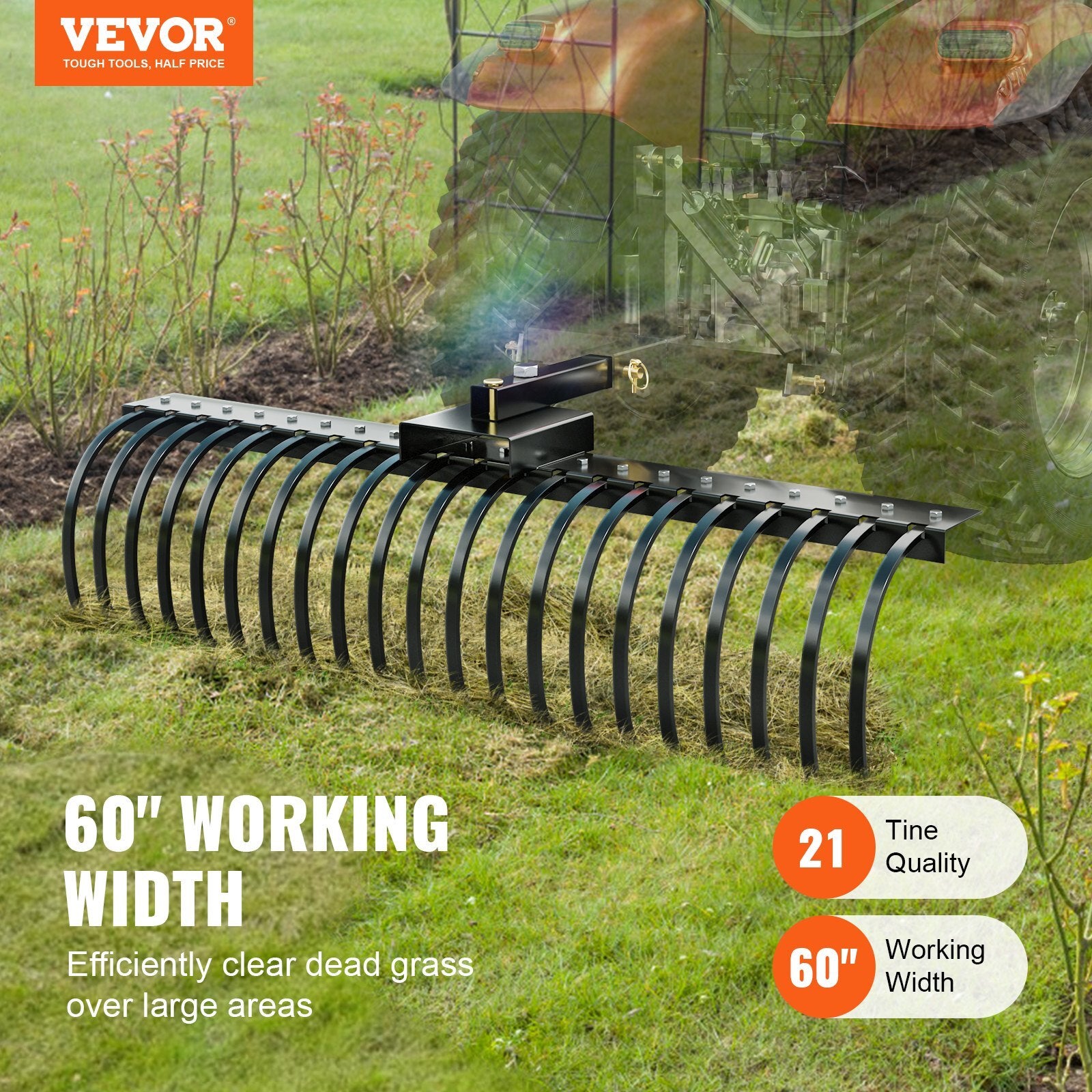 Tow Behind Landscape Rake, 60" Tow Dethatcher with 21 Steel Coil Tines, Lawn Dethatcher Rake Attaches to 48" or 60" Toolbars and 3-point Suspension Systems, for Leaves, Pine Needles, and Grass