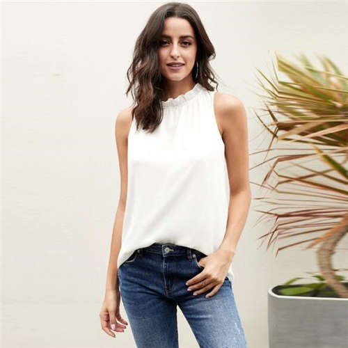 Ruffle Collar Sleeveless Design High Fashion Women Top/ T-shirt - White