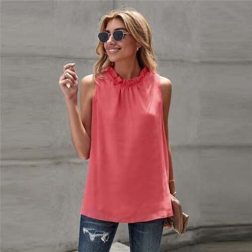 Ruffle Collar Sleeveless Design High Fashion Women Top/ T-shirt - Red